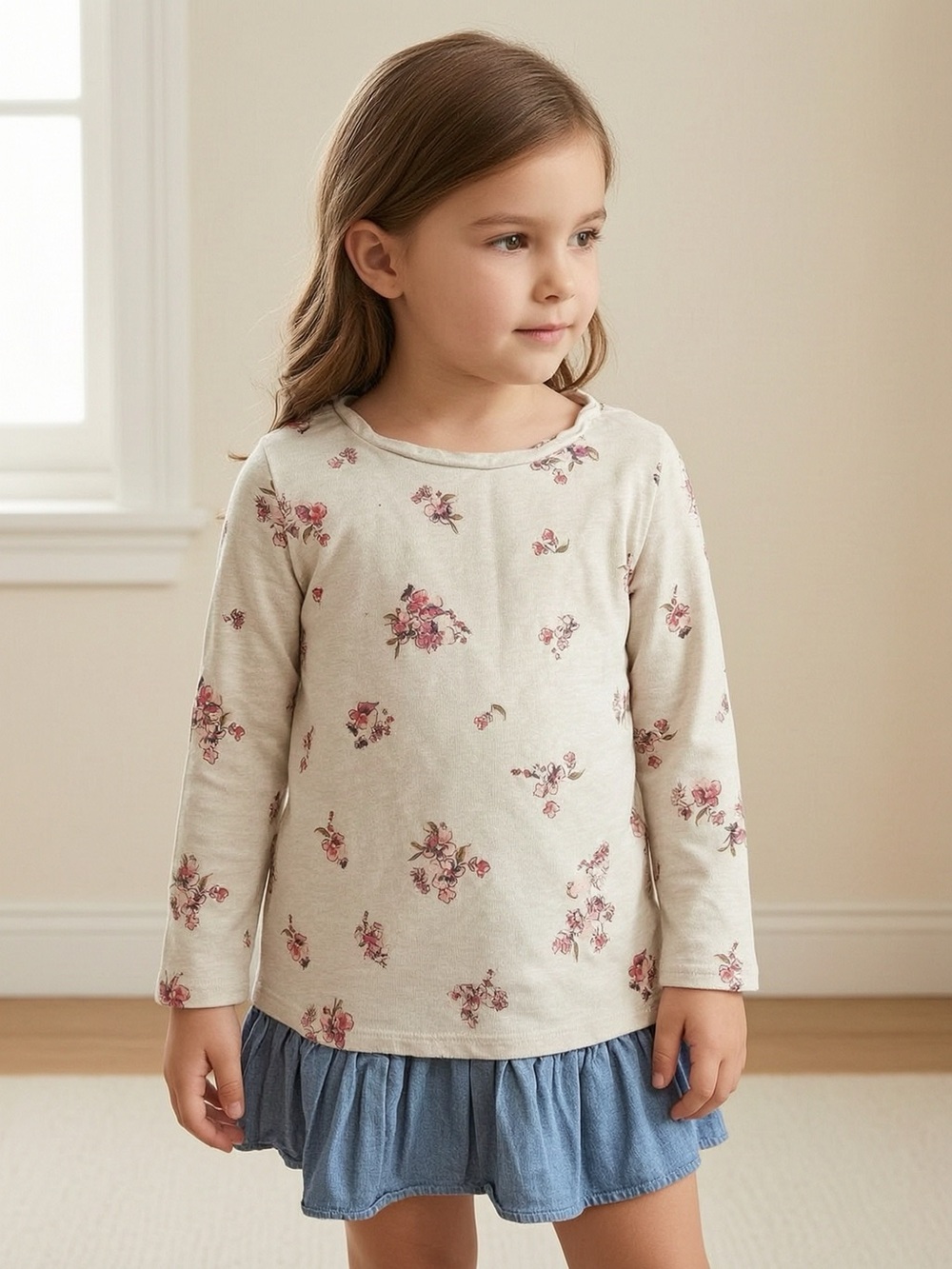 OshKosh B'gosh Cream Long-Sleeve Tee with Pink Floral Print